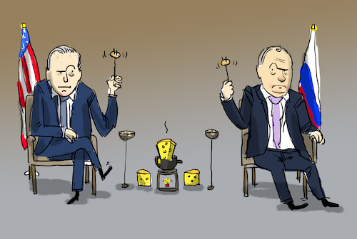 Cartoon: Putin und Biden in Genf (medium) by leopold maurer tagged putin,biden,amerika,usa,russland,treffen,eiszeit,schwierig,genf,fondue,abwartend,abschätzend,beziehungen,präsident,europa,international,putin,biden,amerika,usa,russland,treffen,eiszeit,schwierig,genf,fondue,abwartend,abschätzend,beziehungen,präsident,europa,international