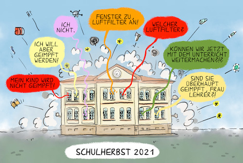 Cartoon: Schulherbst 2021 (medium) by leopold maurer tagged schule,herbst,2021,impfung,test,corona,covid,pandemie,homeschooling,eltern,schueler,lehrer,luftfilter,schule,herbst,2021,impfung,test,corona,covid,pandemie,homeschooling,eltern,schueler,lehrer,luftfilter