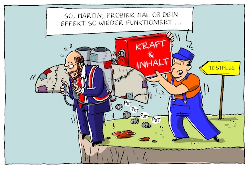 Cartoon: schulz effekt defekt (medium) by leopold maurer tagged schulz,spd,bundestagswahl,landtagswahl,nrw,effekt,absturz,höhenflug,inhalt,kraft,tanken,schulz,spd,bundestagswahl,landtagswahl,nrw,effekt,absturz,höhenflug,inhalt,kraft,tanken