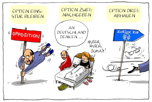 Cartoon: schulzs optionen (medium) by leopold maurer tagged schulz,martin,spd,deutschland,groko,koalition,opposition,merkel,eu,abhauen,nachgeben,entscheidung,spitzenkanditat,kanzlerin,schulz,martin,spd,deutschland,groko,koalition,opposition,merkel,eu,abhauen,nachgeben,entscheidung,spitzenkanditat,kanzlerin