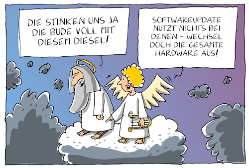 Cartoon: softwareupdate contra hardware (medium) by leopold maurer tagged diesel,affäre,softwareupdate,software,hardware,autokonzern,umweltverschmutzung,fahrverbot,umweltpolitik,verkehrspolitik,skandal,diesel,affäre,softwareupdate,software,hardware,autokonzern,umweltverschmutzung,fahrverbot,umweltpolitik,verkehrspolitik,skandal