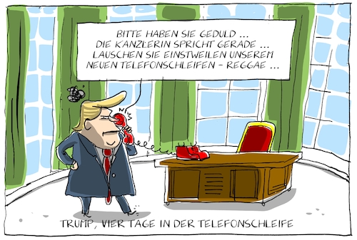 Cartoon: trump in der schleife (medium) by leopold maurer tagged trump,bundestagswahl,merkel,jamaika,warteschleife,telefon,verspätet,reggae,trump,bundestagswahl,merkel,jamaika,warteschleife,telefon,verspätet,reggae