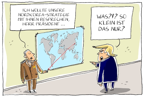 Cartoon: trumps nordkorea strategie (medium) by leopold maurer tagged nordkorea,usa,krise,atomwaffen,trump,nichtwissen,weltkarte,militär,strategie,politik,strategielos,unerfahren,nordkorea,usa,krise,atomwaffen,trump,nichtwissen,weltkarte,militär,strategie,politik,strategielos,unerfahren