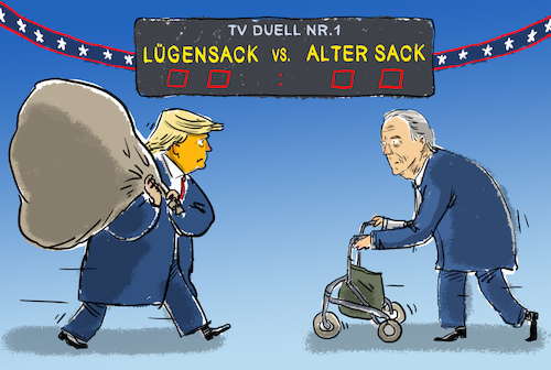 Cartoon: tv duell trump biden (medium) by leopold maurer tagged trump,biden,wahl,usa,duell,trump,biden,wahl,usa,duell