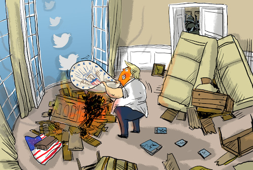 Cartoon: Twitterloser Trump (medium) by leopold maurer tagged trump,usa,kapitol,sturm,twitter,sperre,präsident,zerstörung,trump,usa,kapitol,sturm,twitter,sperre,präsident,zerstörung