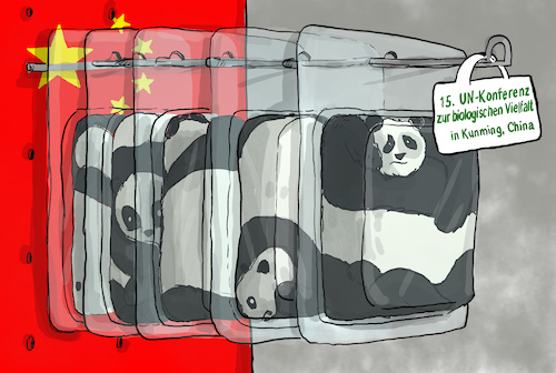 Cartoon: UN-Konferenz Biodiversität China (medium) by leopold maurer tagged un,china,kunming,biodiversitaet,convention,konferenz,biologischen,vielfalt,blister,panda,umweltverschmutzung,plastik,smog,luft,klima,un,china,kunming,biodiversitaet,convention,konferenz,biologischen,vielfalt,blister,panda,umweltverschmutzung,plastik,smog,luft,klima