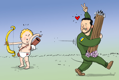 Cartoon: Valentinstag (medium) by leopold maurer tagged valentinstag,amor,pfeile,munition,selenskyj,ukraine,waffen,westen,nato,panzer,kampfjets,liebe,frieden,russland,putin,krieg,blumen,waffenproduktion,leopold,maurer,karikatur,cartoon,valentinstag,amor,pfeile,munition,selenskyj,ukraine,waffen,westen,nato,panzer,kampfjets,liebe,frieden,russland,putin,krieg,blumen,waffenproduktion,leopold,maurer,karikatur,cartoon