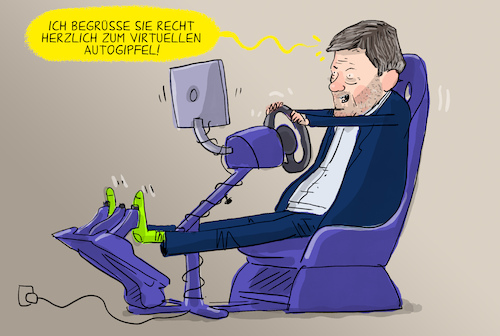 Cartoon: Virtueller Autogipfel (medium) by leopold maurer tagged habeck,wirtschaftsminister,auto,industrie,gipfel,mobilität,elektroautos,verbrenner,prämie,wirtschaft,virtuell,autobranche,bmw,vw,audi,leopold,maurer,karikatur,cartoon,habeck,wirtschaftsminister,auto,industrie,gipfel,mobilität,elektroautos,verbrenner,prämie,wirtschaft,virtuell,autobranche,bmw,vw,audi,leopold,maurer,karikatur,cartoon