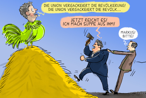 Cartoon: Wahlkampfgegacker (medium) by leopold maurer tagged habeck,union,cdu,csu,bevölkerung,wählerinnen,wähler,vergackeiern,wählertäuschung,söder,merz,grüne,hahn,wahlkampf,deutschland,leopold,maurer,karikatur,cartoon,habeck,union,cdu,csu,bevölkerung,wählerinnen,wähler,vergackeiern,wählertäuschung,söder,merz,grüne,hahn,wahlkampf,deutschland,leopold,maurer,karikatur,cartoon