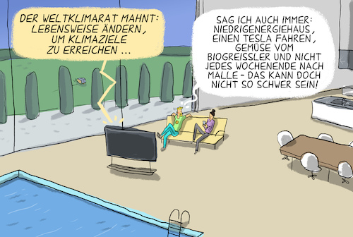 Cartoon: Weltklimarat Bericht (medium) by leopold maurer tagged weltklimarat,bericht,klimaerwärmung,lebensweise,konsum,schere,arm,reich,leistbarkeit,bio,öko,tesla,niedrigenergiehaus,malle,mallortca,urlaub,billig,teuer,weltklimarat,bericht,klimaerwärmung,lebensweise,konsum,schere,arm,reich,leistbarkeit,bio,öko,tesla,niedrigenergiehaus,malle,mallortca,urlaub,billig,teuer