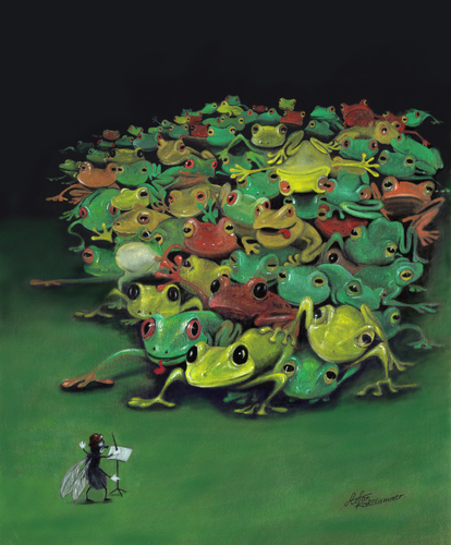 Cartoon: Die Angst des Dirigenten... (medium) by Stefan Kahlhammer tagged gemaelde,angst,musik,dirigent,orchester,frog,fly,fliege,frosch,flankale,flankalan,satire,caricature,karikatur,kahlhammer,kahlhammer,frosch,fliege,tiere,dirigent,musik,klassik,orchester