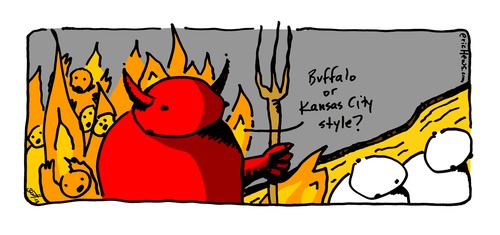 Cartoon: hell has choices (medium) by ericHews tagged hell,religion,christianity,barbecue,cook,grill,fire,flame,cuisine,kansas,city,buffalo,style,ribs,wings