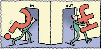 Cartoon: In - Out (medium) by Ellis Nadler tagged question,money,in,out,door,carry,burden,sterling,pound,man