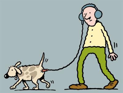 Cartoon: Listening to the iDog (medium) by Ellis Nadler tagged apple,ipod,dog,pet,walk,man,headphones,earphones,music,podcast,jack,plug,arse