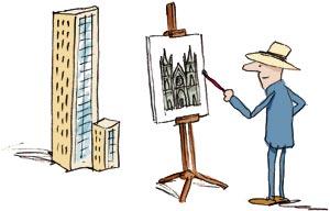 Cartoon: The Painter (medium) by Ellis Nadler tagged painter,artist,architect,architecture,building,modern,gothic,easel,hat,skyscraper,aesthetics