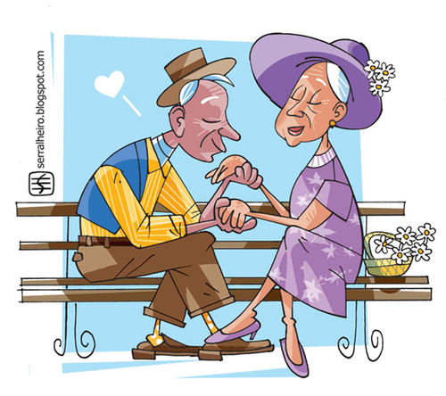Cartoon: love seniors (medium) by serralheiro tagged hat,daisy,heart,time,life,married,friends,woman,man,seniors,love