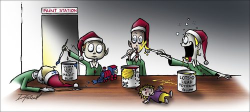 Cartoon: Leaded Elves (medium) by toonerman tagged christmas,elves,toys,shop,work,build,paint,lead,tinker,santa,holiday,poison,humor,funny,painting
