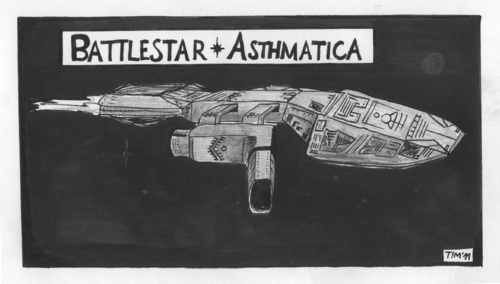 Cartoon: Battlestar Asthmatica (medium) by timfuzius tagged raumschiff,spaceship,science,fiction,weltall,space,weltraum,aliens,asthma