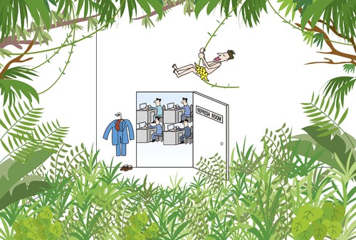Cartoon: refresh room (medium) by joruju piroshiki tagged refresh,room,jungle,tarzan,computer,forest,green,mental,tree,refresh,room,jungle,tarzan,computer,forest,green,mental,tree