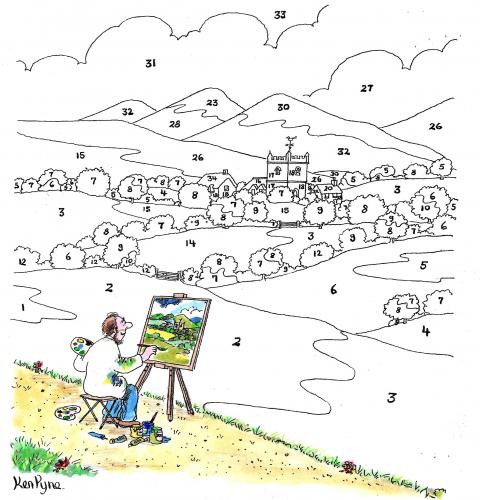 Cartoon: Painting by numbers (medium) by Ken tagged painting,by,numbers,malen,zahlen,kunst,dekadenz,pinsel,landschaft,landschaftsmalerei,lernen,unterricht,vorgabe,nachahmen,inspiration,aufgabe,aufgabenerleichterung,hilfe,unterstützung,kunstbanause,kunstverständnis,arbeitsdiziplin,arbeitsethic,repsekt,kinderspiel,ausmalen,malbuch,kinderleicht,anfänger,prozess,entwicklung,duktus,handschrift,stil,eigenkreation,kreativität,beruhigung,therapie,farbe,mischen