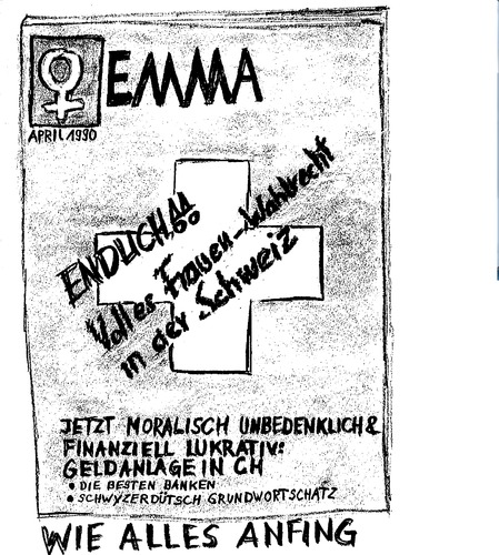 Cartoon: EMMA-Titelseite April 1990 (medium) by ilrak tagged steuerhinterziehung,schweiz,schwarzer,emma