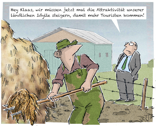 Cartoon: Bauer (medium) by Jan Rieckhoff tagged bauer,landwirt,landwirtschaft,hof,bauernhof,farm,land,länderei,ländlich,vieh,viehhaltung,mist,misthaufen,mistgabel,forke,idylle,scheune,dreck,matsch,jauche,gülle,dung,dünger,bürgermeister,tourismus,tourist,besucher,fremde,fremdenverkehr,besichtigung,reisen,reiseziel,umsatz,steigerung,geld,gewinn,attraktivität,cartoon,comic,karikatur,witz,jan,rieckhoff,bauer,landwirt,landwirtschaft,hof,bauernhof,farm,land,länderei,ländlich,vieh,viehhaltung,mist,misthaufen,mistgabel,forke,idylle,scheune,dreck,matsch,jauche,gülle,dung,dünger,bürgermeister,tourismus,tourist,besucher,fremde,fremdenverkehr,besichtigung,reisen,reiseziel,umsatz,steigerung,geld,gewinn,attraktivität,cartoon,comic,karikatur,witz,jan,rieckhoff