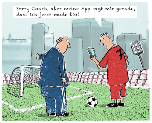 Cartoon: Fußball App (medium) by Jan Rieckhoff tagged sport,fußball,sportler,spieler,trainer,mannschaft,training,stadion,tor,rasen,grün,platz,spiel,fitness,app,digital,hörig,tracker,handy,cartoon,karikatur,witz,comic,jan,rieckhoff,sport,fußball,sportler,spieler,trainer,mannschaft,training,stadion,tor,rasen,grün,platz,spiel,fitness,app,digital,hörig,tracker,handy,cartoon,karikatur,witz,comic,jan,rieckhoff