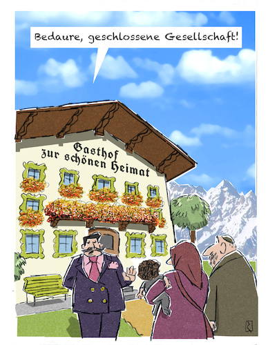 Cartoon: Gasthof (medium) by Jan Rieckhoff tagged fremder,heimat,herkunft,diskriminierung,verstaendigung,voelkerverstaendigung,migranten,migration,kultur,auslaender,auswärtig,andersartig,ausgrenzung,ablehnung,integration,flüchtlinge,osteuropa,westeuropa,cartoon,witz,comic,karikatur,jan,rieckhoff,fremder,heimat,herkunft,diskriminierung,verstaendigung,voelkerverstaendigung,migranten,migration,kultur,auslaender,auswärtig,andersartig,ausgrenzung,ablehnung,integration,flüchtlinge,osteuropa,westeuropa,cartoon,witz,comic,karikatur,jan,rieckhoff