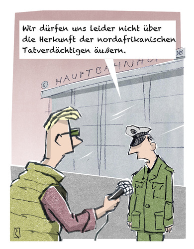 Cartoon: Herkunft (medium) by Jan Rieckhoff tagged köln,hauptbahnhof,sylvester,übergriffe,nordafrikaner,grapschen,sexualdelikte,kriminalität,polizei,versagen,migrationshintergrund,verschweigen,migranten,tatverdächtige,cartoon,comic,karikatur,jan,rieckhoff,köln,hauptbahnhof,sylvester,übergriffe,nordafrikaner,grapschen,sexualdelikte,kriminalität,polizei,versagen,migrationshintergrund,verschweigen,migranten,tatverdächtige,cartoon,comic,karikatur,jan,rieckhoff