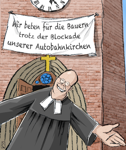 Cartoon: Kirche (medium) by Jan Rieckhoff tagged kirche,religion,katholisch,evangelisch,reformiert,lutherisch,konfession,gottesdienst,gebet,andacht,gemeinde,christen,glaube,gläubig,pastor,pfarrer,priester,predigt,bauern,landwirte,zuschuss,unterstützung,kürzung,subvention,geld,verdienst,überleben,kämpfen,streik,protest,demonstration,blockade,trecker,zufahrt,autobahn,verkehr,autobahnkirche,cartoon,comic,witz,karikatur,jan,rieckhoff,kirche,religion,katholisch,evangelisch,reformiert,lutherisch,konfession,gottesdienst,gebet,andacht,gemeinde,christen,glaube,gläubig,pastor,pfarrer,priester,predigt,bauern,landwirte,zuschuss,unterstützung,kürzung,subvention,geld,verdienst,überleben,kämpfen,streik,protest,demonstration,blockade,trecker,zufahrt,autobahn,verkehr,autobahnkirche,cartoon,comic,witz,karikatur,jan,rieckhoff