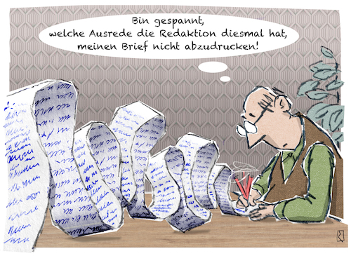 Cartoon: Leserbrief (medium) by Jan Rieckhoff tagged leser,brief,schreiben,schrift,zeitung,zeitschrift,magazin,zuschrift,kommentar,kommentieren,leserschaft,redaktion,redakteur,ressort,verlag,veröffentlichung,veröffentlichen,druck,drucken,papier,zusenden,auflage,cartoon,witz,karikatur,comic,jan,rieckhoff,leser,brief,schreiben,schrift,zeitung,zeitschrift,magazin,zuschrift,kommentar,kommentieren,leserschaft,redaktion,redakteur,ressort,verlag,veröffentlichung,veröffentlichen,druck,drucken,papier,zusenden,auflage,cartoon,witz,karikatur,comic,jan,rieckhoff