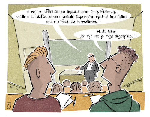 Cartoon: Sprache (medium) by Jan Rieckhoff tagged universität,professor,lehrer,unterricht,lektion,fakultät,seminar,hörsaal,student,zuhörer,vorlesung,lernen,fremdworte,jugend,sprache,ausdruck,jargon,verständigung,wort,woörter,verständlich,studieren,kommunikation,generation,anglizismen,mode,szene,linguistik,formulierung,vereinfachung,universität,professor,lehrer,unterricht,lektion,fakultät,seminar,hörsaal,student,zuhörer,vorlesung,lernen,fremdworte,jugend,sprache,ausdruck,jargon,verständigung,wort,woörter,verständlich,studieren,kommunikation,generation,anglizismen,mode,szene,linguistik,formulierung,vereinfachung