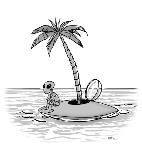 Cartoon: alien island (medium) by r8r tagged alien,island,space,ufo,ocean,sad,palm,nasa,tree,sea,waiting,insel,meer,alleine,ifo,alien,aliens,gestrandet,warten