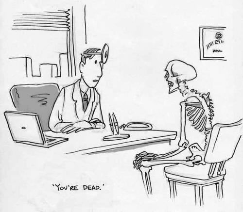 Cartoon: Yer Dead (medium) by r8r tagged skeleton,doctor,office,death,skull,gesundheit,arzt,doktor,tod,leben,skelett,patient,prognose,praxis