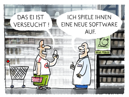 Cartoon: ... (medium) by markus-grolik tagged ei,eierrückruf,software,autoindustriediesel,dieselgate,verbraucherschutz,mercedes,daimler,dobrintsupermarkt,lebensmittelskandal,ei,eierrückruf,software,autoindustriediesel,dieselgate,verbraucherschutz,mercedes,daimler,dobrintsupermarkt,lebensmittelskandal