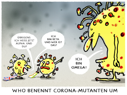 Cartoon: A und O von who is who (medium) by markus-grolik tagged who,corona,mutationen,alpha,beta,nationen,umbenennung,griechisches,alphabet,virus,omega,namen,who,corona,mutationen,alpha,beta,nationen,umbenennung,griechisches,alphabet,virus,omega,namen