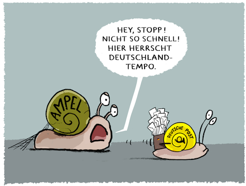 Cartoon: Ampel verlangsamt Postzustellung (medium) by markus-grolik tagged ampel,deutschlandtempo,zustellung,post,briefe,sparen,sparzwang,briefzustellung,regierung,schnecken,schneckentempo,tempo,geschwindigkeit,langsam,ampel,deutschlandtempo,zustellung,post,briefe,sparen,sparzwang,briefzustellung,regierung,schnecken,schneckentempo,tempo,geschwindigkeit,langsam