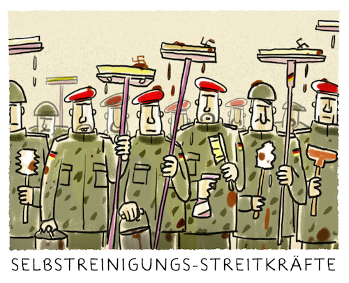 Cartoon: Antreten zum Frühjahrsputz (medium) by markus-grolik tagged bundeswehr,verteidigungsministerium,ursula,von,der,leyen,streitkräfte,skandal,bundeswehr,verteidigungsministerium,ursula,von,der,leyen,streitkräfte,skandal