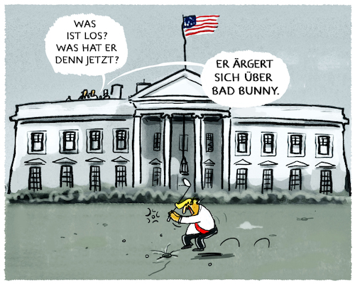 Cartoon: Bad Bunny... (medium) by markus-grolik tagged donald,trump,bad,bunny,maga,usa,ice,superbowl,show,football,super,bowl,donald,trump,bad,bunny,maga,usa,ice,superbowl,show,football,super,bowl