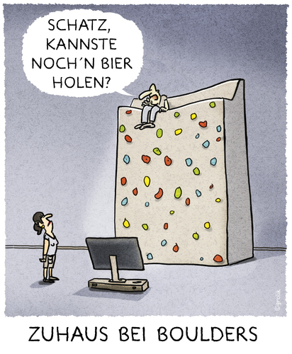 Cartoon: ..der Berg ruft... (medium) by markus-grolik tagged boulder,bier,bouldern,klettern,mann,frau,beziehung,bierholen,sofa,wohnzimmer,tv,glotze,idyll,cartoon,grolik,bier,boulder,bouldern,klettern,mann,frau,beziehung,bierholen,sofa,wohnzimmer,tv,glotze,idyll,cartoon,grolik