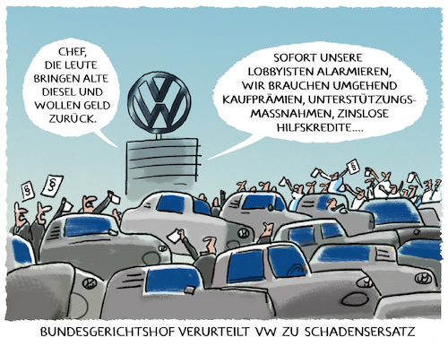 Cartoon: Diesel BGH Urteil (medium) by markus-grolik tagged vorsaetzliche,sittenwidrige,taeuschung,schaden,klaeger,urteil,bundesgerichtshof,kaufpraemien,unterstuetzung,hilfskredite,auto,autokaeufer,diesel,schadensersatz,vorsaetzliche,sittenwidrige,taeuschung,schaden,klaeger,urteil,bundesgerichtshof,kaufpraemien,unterstuetzung,hilfskredite,auto,autokaeufer,diesel,schadensersatz