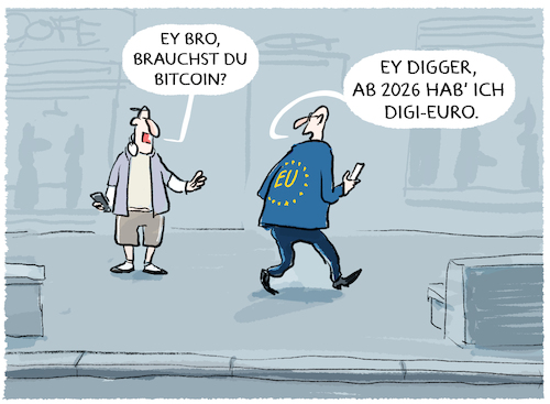 Cartoon: Digitaler Euro beschlossen... (medium) by markus-grolik tagged digital,bitcoin,euro,waehrung,digitalwaehrung,eu,europa,bruessel,bank,banken,finanzen,bezahlsysteme,digital,bitcoin,euro,waehrung,digitalwaehrung,eu,europa,bruessel,bank,banken,finanzen,bezahlsysteme