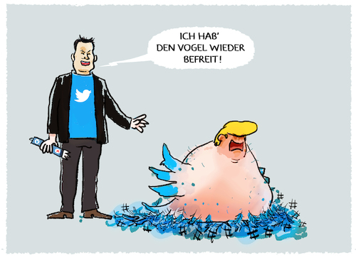 Cartoon: Elons Twitter (medium) by markus-grolik tagged elon,musk,twitter,usa,donald,trump,tweet,account,republikaner,demokraten,joe,biden,midterms,rechtspopulismus,demokratie,elon,musk,twitter,usa,donald,trump,tweet,account,republikaner,demokraten,joe,biden,midterms,rechtspopulismus,demokratie