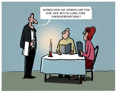 Cartoon: Energiesparverordnung (medium) by markus-grolik tagged energiekrise,energieberatung,gastronomie,bestellung,restaurant,empfehlung,karikatur,service,kerzenschein,paar,ober,energiekrise,energieberatung,gastronomie,bestellung,restaurant,empfehlung,karikatur,service,kerzenschein,paar,ober