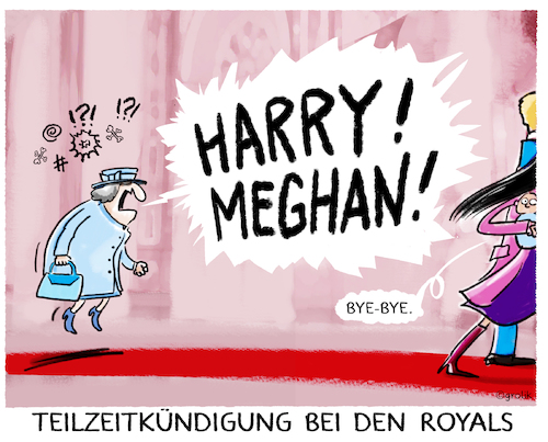 Cartoon: ...Megxit... (medium) by markus-grolik tagged queen,royals,harry,meghan,london,koenigshaus,teilzeitkuendigung,ruecktritt,england,queen,royals,harry,meghan,london,koenigshaus,teilzeitkuendigung,ruecktritt,england