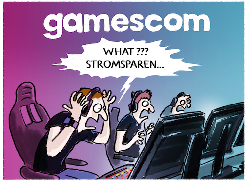 Cartoon: gamescom 2022 (medium) by markus-grolik tagged computerspiele,spielekonsolen,cloudgaming,serverfarmen,stromsparen,sparen,strombedarf,strom,streaming,verbrauch,energie,energiekrise,computerspiele,spielekonsolen,cloudgaming,serverfarmen,stromsparen,sparen,strombedarf,strom,streaming,verbrauch,energie,energiekrise