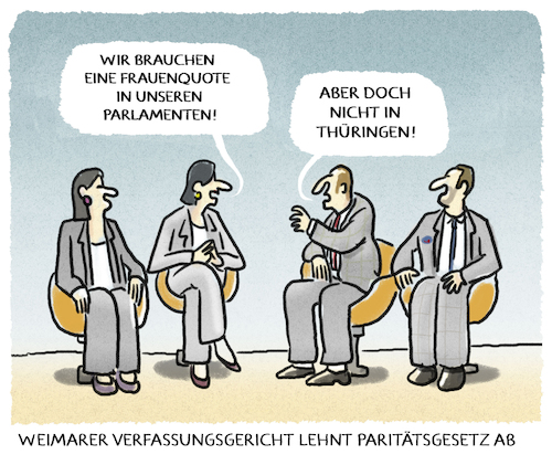 Cartoon: Gekippt... (medium) by markus-grolik tagged urteil,thueringen,paritaetsgesetz,gleichberechtigung,frauen,gericht,parlamente,verfassungsgericht,weimar,frauenquote,paritaet,urteil,thueringen,paritaetsgesetz,gleichberechtigung,frauen,gericht,parlamente,verfassungsgericht,weimar,frauenquote,paritaet