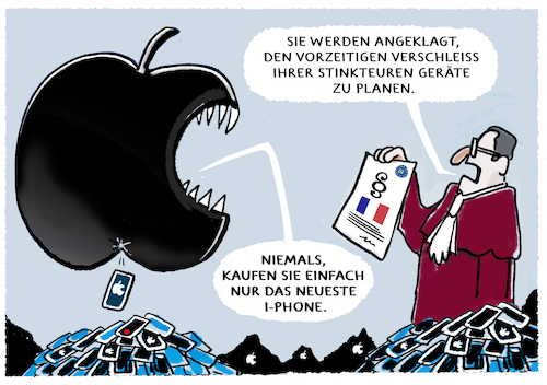 Cartoon: Geplante Obsoleszenz.. (medium) by markus-grolik tagged apple,frankreich,verschleiss,geplante,obsoleszenz,staatsanwaltschaft,iphones,verbraucherschutzorganisation,produktverschleiss,apple,frankreich,verschleiss,geplante,obsoleszenz,staatsanwaltschaft,iphones,verbraucherschutzorganisation,produktverschleiss