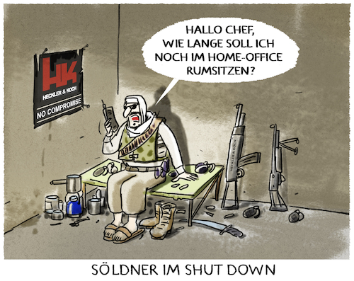 Cartoon: H und K (medium) by markus-grolik tagged hoeoffice,krieg,waffen,waffenhandel,heckler,koch,söldner,soldaten,corona,hoeoffice,krieg,waffen,waffenhandel,heckler,koch,söldner,soldaten,corona