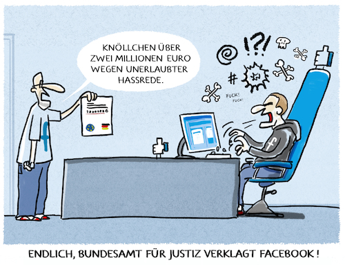 Cartoon: Hate Speech Profit (medium) by markus-grolik tagged facebook,zuckerberg,hate,hassrede,social,media,europa,usa,bundesamt,für,justiz,strafverfahren,strafe,transparenzbericht,facebook,zuckerberg,hate,hassrede,social,media,europa,usa,bundesamt,für,justiz,strafverfahren,strafe,transparenzbericht